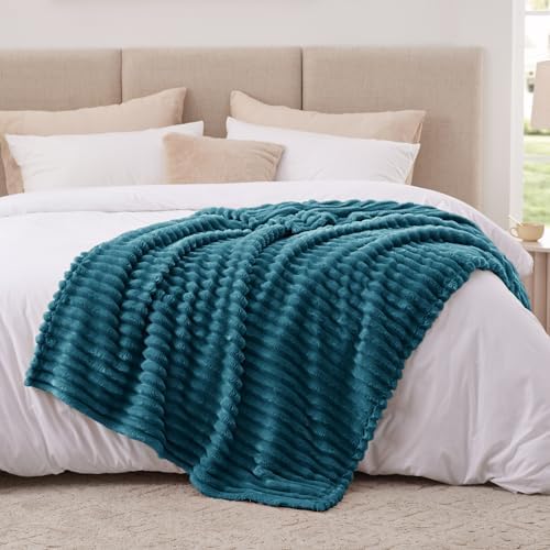 EXQ Home Stripe Twin Size Throw Blanket Teal for Couch Gentle Soft