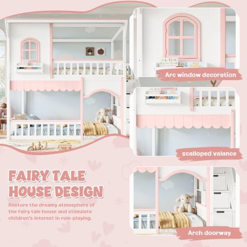 Full Over Full Size House-Shaped Wooden Bunk Bed with Window, White