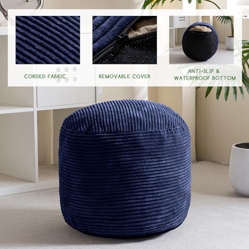 HIGOGOGO Round Stuffed Pouf Ottoman, Corduroy Poufs with Foam Chunk Filling, Furry and Fluffy Pouf Foot Stool Storage Ottoman, 20 X 15 Floor Poufs Foot Rest for Living Room, Navy