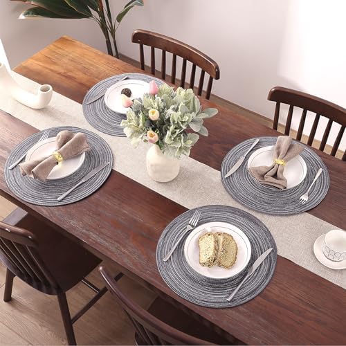 SHACOS Round Placemats Set of 4 Round Braided Placemats 15 inch Cotton Polyester Woven Table Placemats for Dining Table Holiday Party (Black Gray, 4)