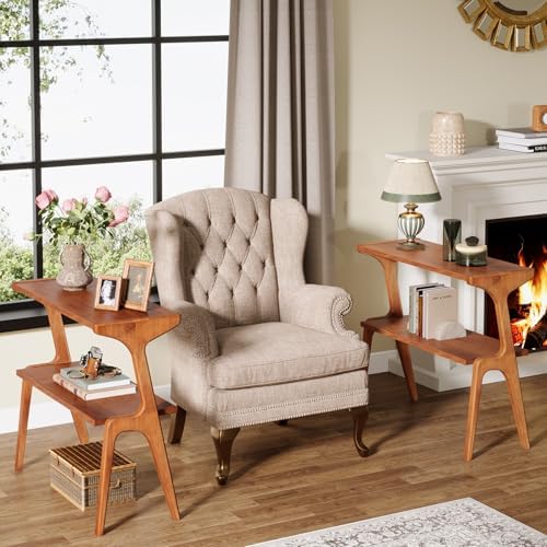 Tribesigns Set of 2 Solid Wood End Table, 2-Tier Mid-Century Modern Side Table with Storage Shelf, Tall Slim Side Table for Couch with Unique Legs, Long Bedside Table for Bedroom, Living Room, Cherry