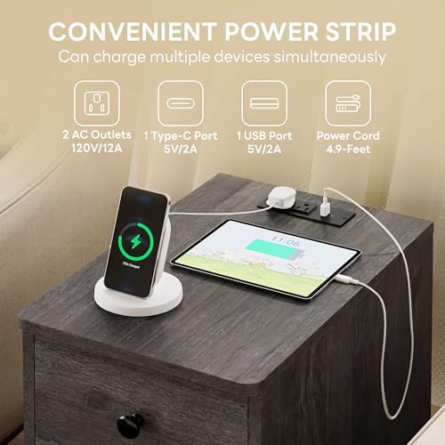 LIKIMIO Nightstand with Charging Station, 3 Drawers Modern for Bedroom
