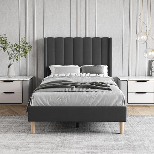 Twin Size Bed Frame with Linen Upholstered Headboard, Black