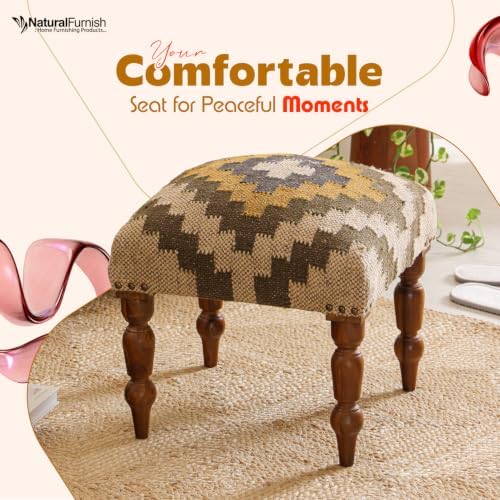 Handmade Jute Upholstered Ottoman Stool | Square Foot Rest with Wooden Legs | Decorative Accent Seating for Bedroom, Living Room, Entryway, Vanity & Hallway (Beige-Pista Green)