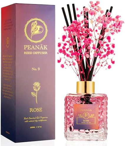 PEANÄK Reed Diffuser Set - Sandalwood Rose Fragrance 6.7oz (200 ml) - Real Preserved Flowers & 8 Reed Sticks for Bathroom Shelf Decor Home Diffuser & Office Scent with Long Lasting Gift Scent