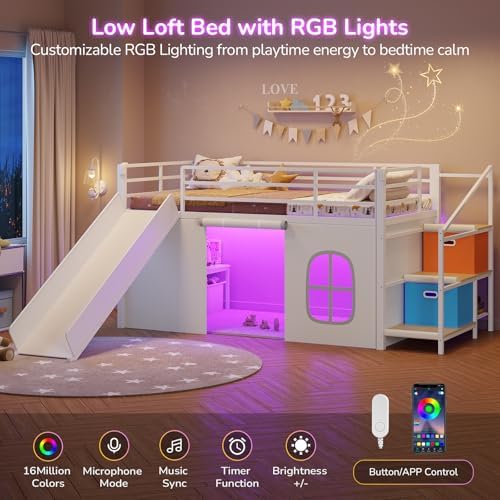 Twin Low Loft Bed with Slide and Safety Staircase, 2 Storage Drawers, Kids Twin Size Loft Bed with LED Lights, Under-Bed Play Tent, Built-in Desk, Metal Loft Bed with Safety Guardrail, White