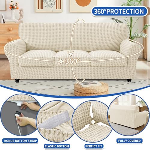 MAXIJIN 4 Pieces Stretch Couch Covers for 3 Cushion Sofa Pet Friendly Couch Cover for Dogs Washable Sofa Slipcovers Thick Soft Furniture Protector with Non Slip Strap (Beige, 71"-91")