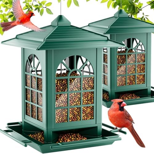 Birdream 2 Pack Bird Feeders for Outdoor Hanging, Assembly Required, 1-Min Easy Setup, Classic Courtyard Design, Attracting Cardinals Chickadees Goldfinches & Sparrows - Green