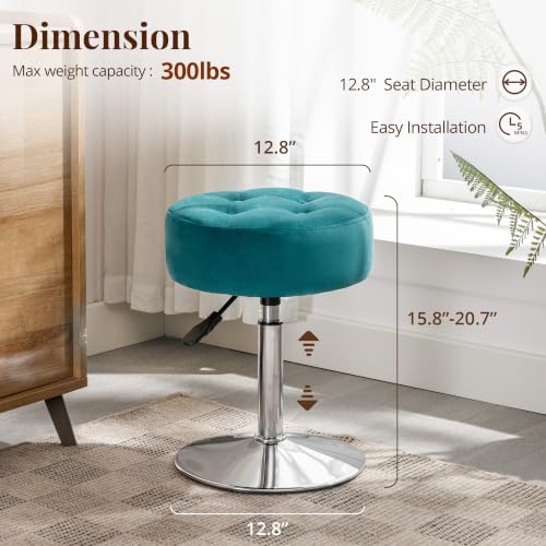 LUE BONA Adjustable Vanity Stool, 360 Swivel Chair for Makeup Room, Vanity Chairs, Teal Faux Leather Stool for Bathroom & Living Room