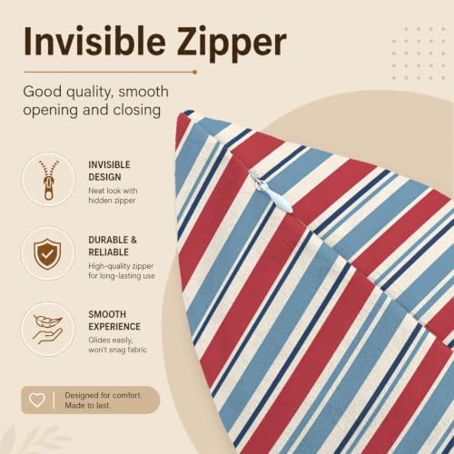 Red Blue White Stripe Pillow Cover 18x18, Americana Patriotic Decor