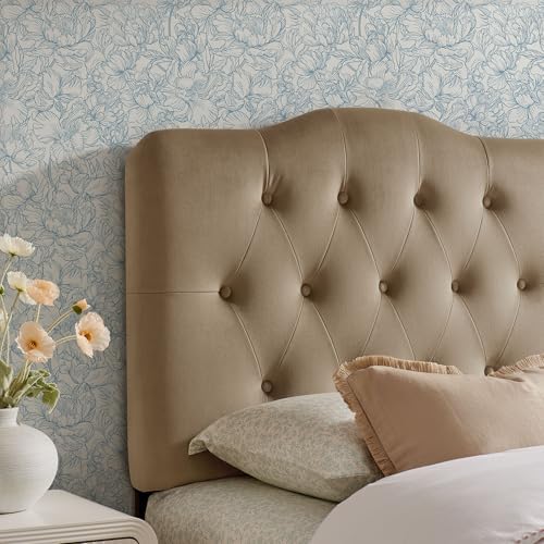 Modway Annabel Performance Velvet Adjustable Twin Headboard in Taupe - Stain-Resistant Padded Headboard Only with Diamond Button Tufting and 7 Height-Adjustable Positions