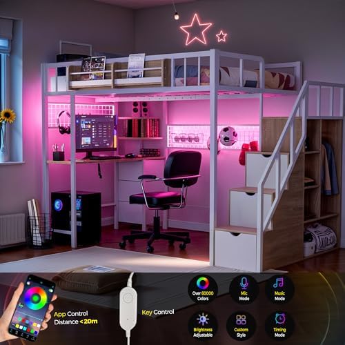 Loft Bed with Desk and Stairs, Headboard, Outlet (White, Full)