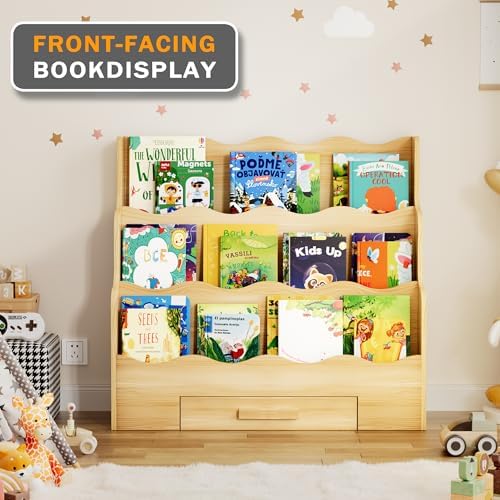 3-Tier Montessori Scalloped Kids Bookshelf with Drawer