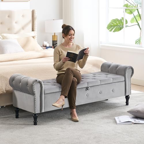 Storage Bench 67" Velvet End of Bed Benches Light Grey