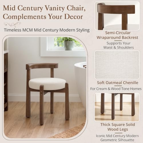 LUE BONA Wood Vanity Chair Stool with Back, Mid-Century Makeup Bench, Beige