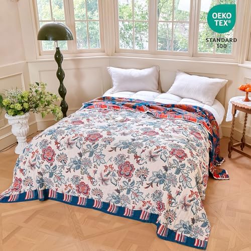 MSGKV Boho Throw Blanket 60"x80" 100% Cotton Farmhouse Floral Blanket