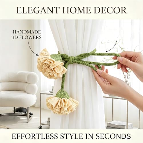 Handmade Curtains Tiebacks, Boho Flower Curtain Tie Backs Curtain Holder Tie Backs for Curtains Braided,Cute Flower Curtain Ties Decorative Rope for Bedroom Window Treatment (Light Yellow)