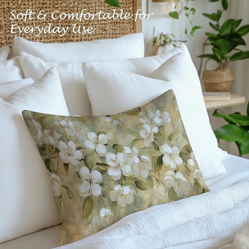 Neutral Vintage White Blossom Floral Pillow Cover 12x20, Rustic Beige Cottagecore Botanical White Flower Decorative Lumbar Pillow Cover for Couch Bed Living Room Bedroom