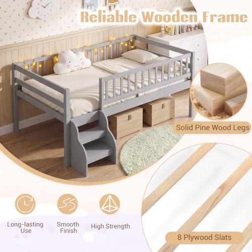 Giantex Kids Low Loft Bed Twin Size with Stairs & Safety Guardrails, Grey
