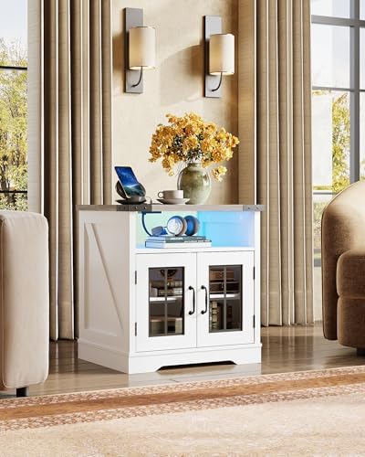 WLIVE Farmhouse End Table with Charging Station & LED Light for Living Room