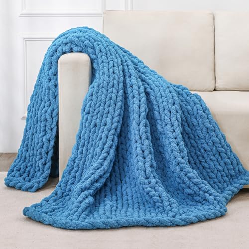 Bigacogo Chunky Knit Throw Blanket for Couch, 40x60 inches, Bright Blue
