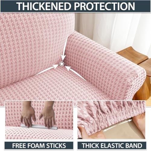 ZNSAYOTX 1 Piece Stretch Loveseat Cover (55"-71") New-Houndstooth Texture, Thick Sofa Covers for 2 Cushion Couch Universal Sofa Slip Cover with Elastic Bottom & Buckle, Soft Protector Dusty Pink