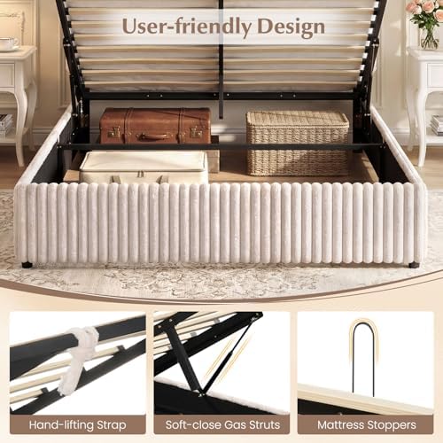 GIANTEX Queen Size Lift Up Storage Bed, Modern Corduroy Upholstered Platform w/Wingback Headboard, Hydraulic Support, Queen Bed Frame with Storage, No Box Spring Needed (Beige)