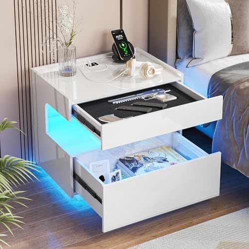 HNEBC White LED Nightstand with Gun Drawers&USB-C Port&Lights for Bedroom