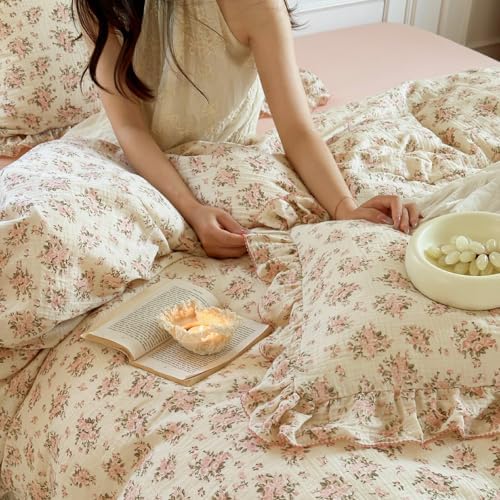 Cottage Floral Duvet Cover King with Ruffles, Pink Peony, No Pillow