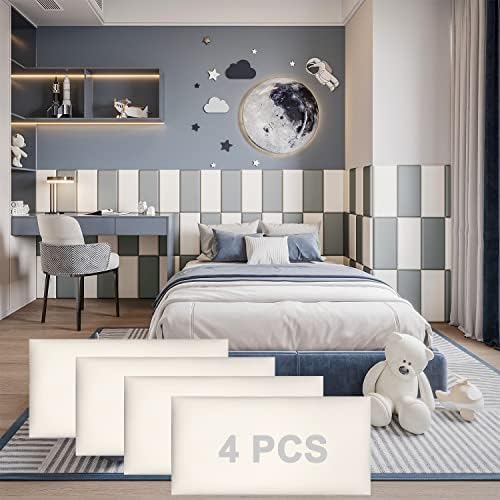 YLL YLL Peel and Stick Headboard White Upholstered Wall Panels Pack of 4 Panels 3D Anti-Collision Wall Padding Wall Mounted headboard Soundproof Wall Panels