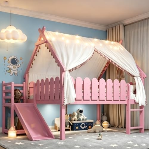 Bellemave Low Loft Bed Full with Slide and Lights Strip for Kids, Pink