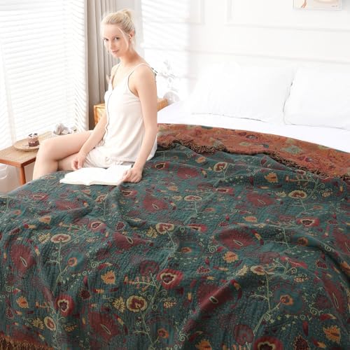 Boho Throw Blanket for Couch Bed, 100% Cotton Soft Rustic Quilt