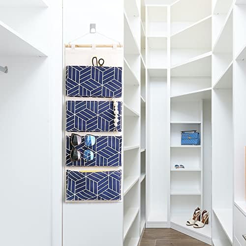 CROWNED 2Pcs Over Door Hanging Storage Bags Wall Mount Closet Organizer, 4 Big Pockets Linen Cotton Fabric Multi Functional Living Room Bedroom Bathroom File Magazine Waterproof Free Hooks Navy