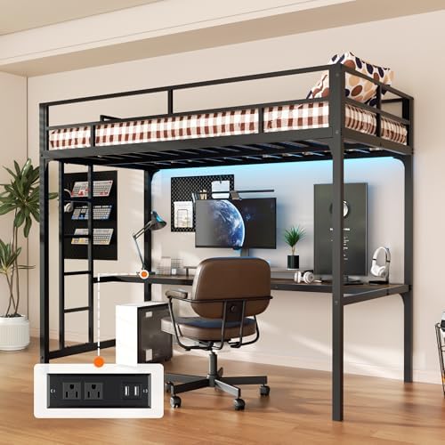 Metal Twin Loft Bed with Desk, Metal Loft Bed Frame with LED Lights and Charging Station, Safety Guardrail and Ladder, No Box Spring Needed, Space-Saving, Noise Free, Black
