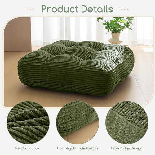 HIGOGOGO 6" Extra Thick Floor Pillow Cushion for Adults, Meditation Cushion Pillow, Large Square Floor Sitting, Tufted Corduroy Cover, for Tatami Living Room or Yoga, 22x22 Inch, 2Pack, Dark Green