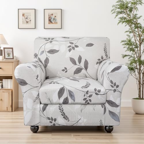 SearchI Stretch Sofa Cover Printed Couch Covers, Floral Pattern 2 Piece Armchair Slipcover with Separate Chair Cushion Cover, Washable Furniture Protector for Living Room(Armchair, Elegant Foliage)