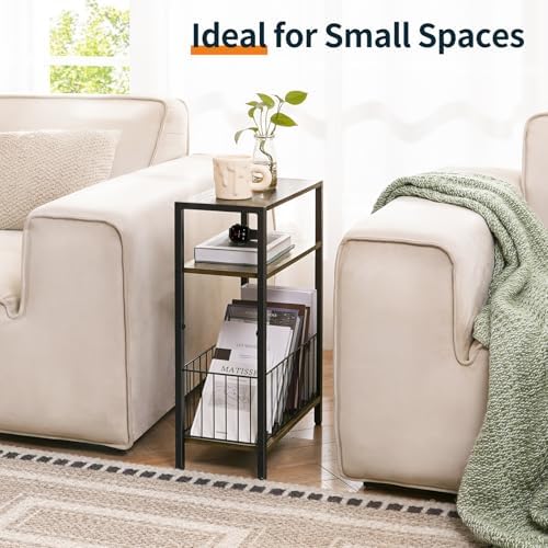 Narrow Side Table with Storage Basket Small End Table for Small Space,Brown