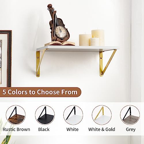 Axeman Deep Floating Shelves for Wall, 12 Inch Deep White and Gold Shelves Set of 2, 16W x 12D White Wood Wall Shelves with Golden Brackets for Bedroom Bathroom Living Room Kitchen - White & Gold