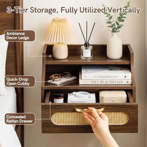 Afuly Floating Nightstand with Drawer, Walnut Bedside Table Wall Mounted
