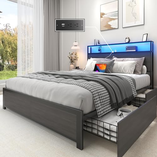 Lifezone Full Bed Frame with 2-Tier Storage Headboard, Metal Platform Bed Frame with 4 Storage Drawers, Built in Charging Station & LED, Noise-Free/Metal Support/No Box Spring Needed, Rustic Grey