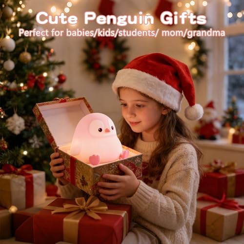 FAMIDUO Penguin Night Light,Pink Penguin Lamp,Soft Silicone Nursery Light