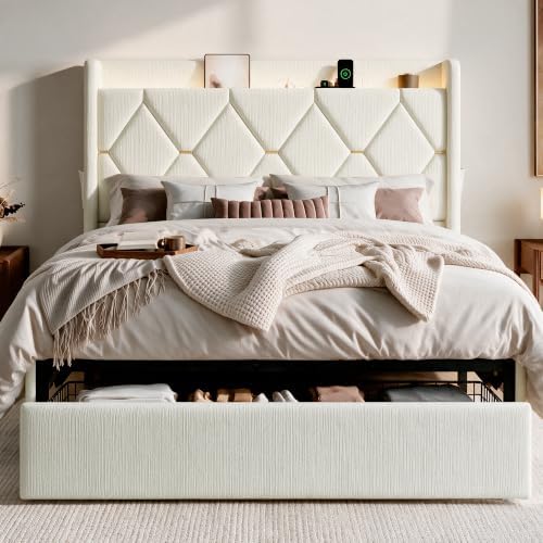SHA CERLIN Full Size Bed Frame with Storage Drawer & LED Lights, Cream