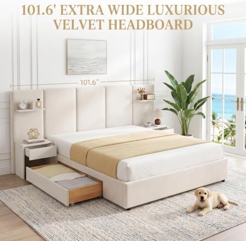 Queen Size Bed Frame with Storage & Built-in Nightstands & Drawers, Beige