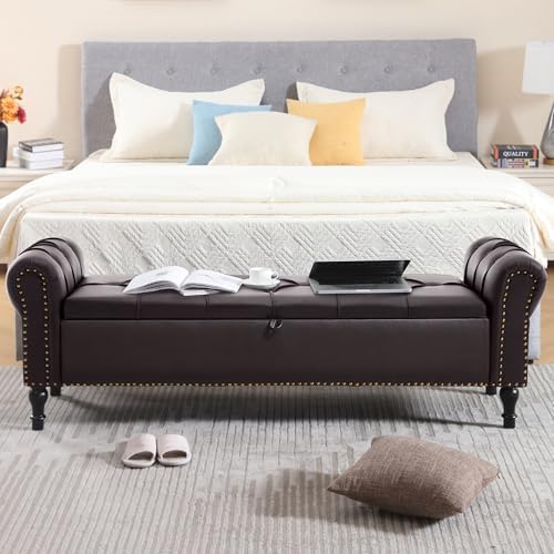 Faux Leather Storage Bench 67 Inch Upholstered Tufted Ottoman Bench with Arms Large Storage Space King Size End of Bed Bench for Bedroom Living Room Entryway Whiskey Coffee