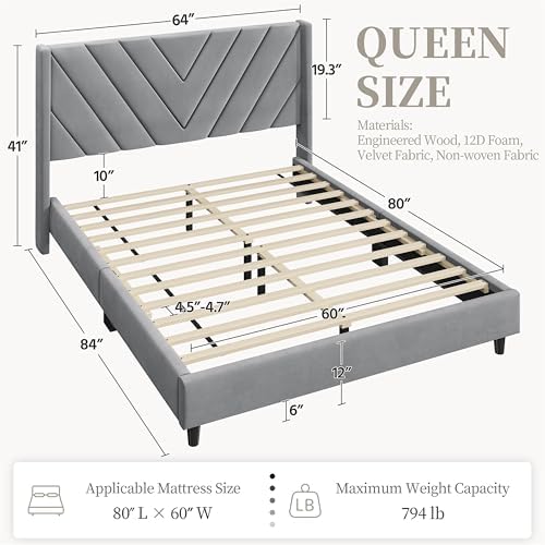 Yaheetech Queen Bed Frame with Chevron Channel-Tufted Headboard, Light Grey
