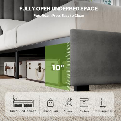 Welzona Full Size Velvet Upholstered Bed Frame with Tufted Headboard, Grey