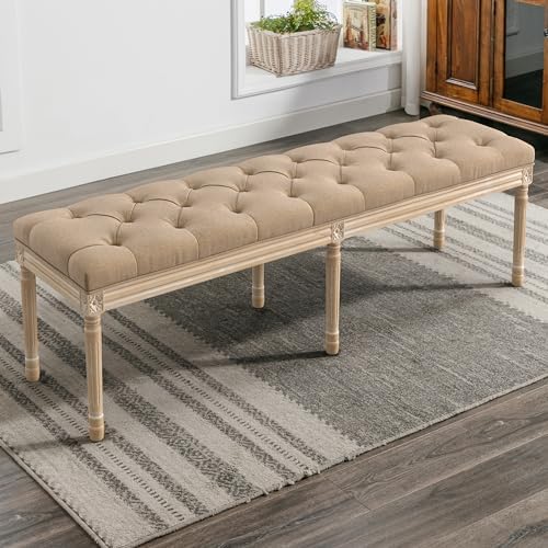 LUE BONA 60" Fabric End of Bed Bench, Upholstered Tufted French Bedroom Bench with Carved Legs for Bedroom End of King Size Bed, Living Room, Wheat