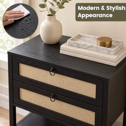 GIANTEX Rattan Nightstand Set 2 with 2 Drawers, 27" Wide Boho Bedside Table