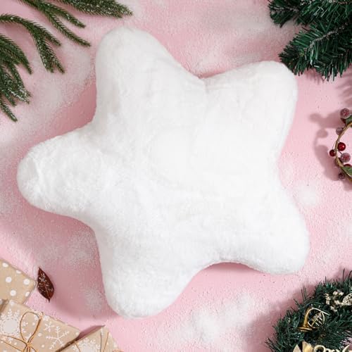 YRXRUS Star Pillows, Christmas Pillows, White Star Shaped Pillow, Gifts, Cute Plush Throw Pillow Room Decor, Fluffy Faux Rabbit Fur 18"x18", Living Bedroom