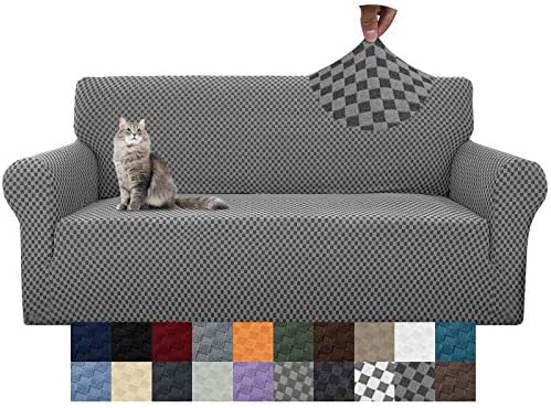 YEMYHOM Couch Cover Latest Jacquard Design High Stretch Sofa Covers for 3 Cushion Couch, Pet Dog Cat Proof Slipcover Non Slip Magic Elastic Furniture Protector (Large, Dark Gray Checkered)